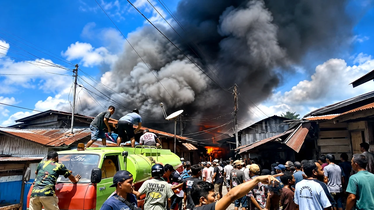 PASAR LAMA DEKAI TERBAKAR HEBAT, ANGIN KENCANG MEMBUAT KOBARAN API CEPAT MEMBESAR DAN MERAMBAT