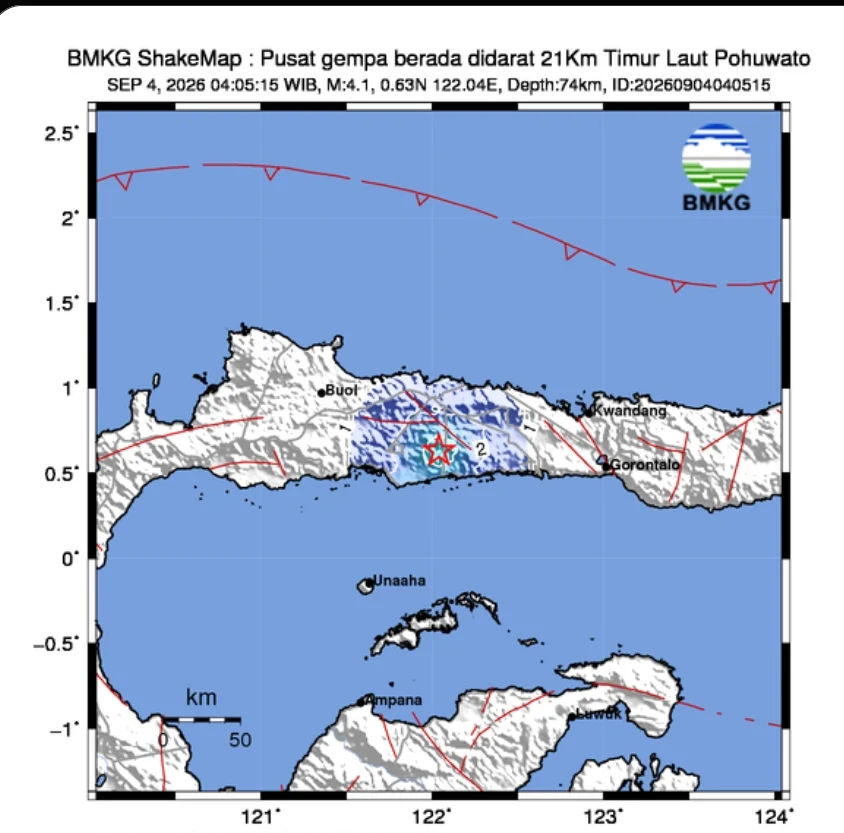 GEMPA M 4,9 GUNCANG BOALEMO GORONTALO PAGI INI, PUSAT 58 KM DI BAWAH LAUT