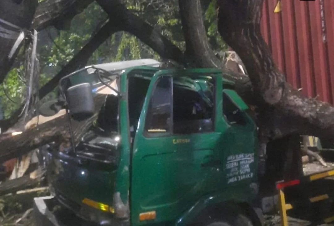 POHON TUMBANG TIMPA KABIN TRUK KONTAINER RINGSEK DI LETJEN SUPRAPTO JAKPUS LALU LINTAS MACET