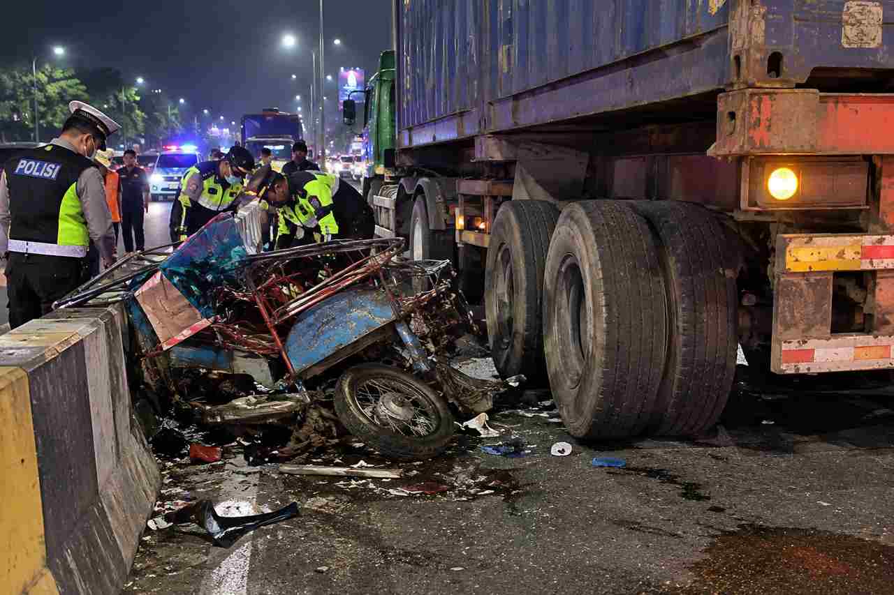 DUA TEWAS BECAK MOTOR TABRAK PEMBATAS LALU TERLINDAS TRUK KONTAINER DI DAAN MOGOT CENGKARENG